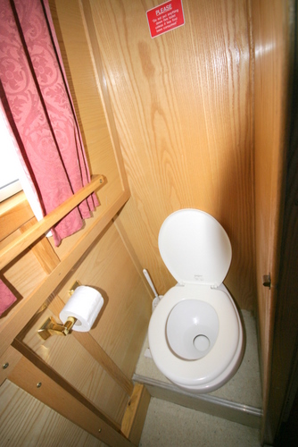 The flush toilet on board the canal boat.